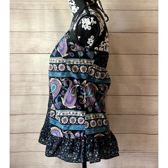 Paisley and Floral Black Purple Blue Halter Tank Top Ruffle Peplum Bottom - Picture 7 of 8